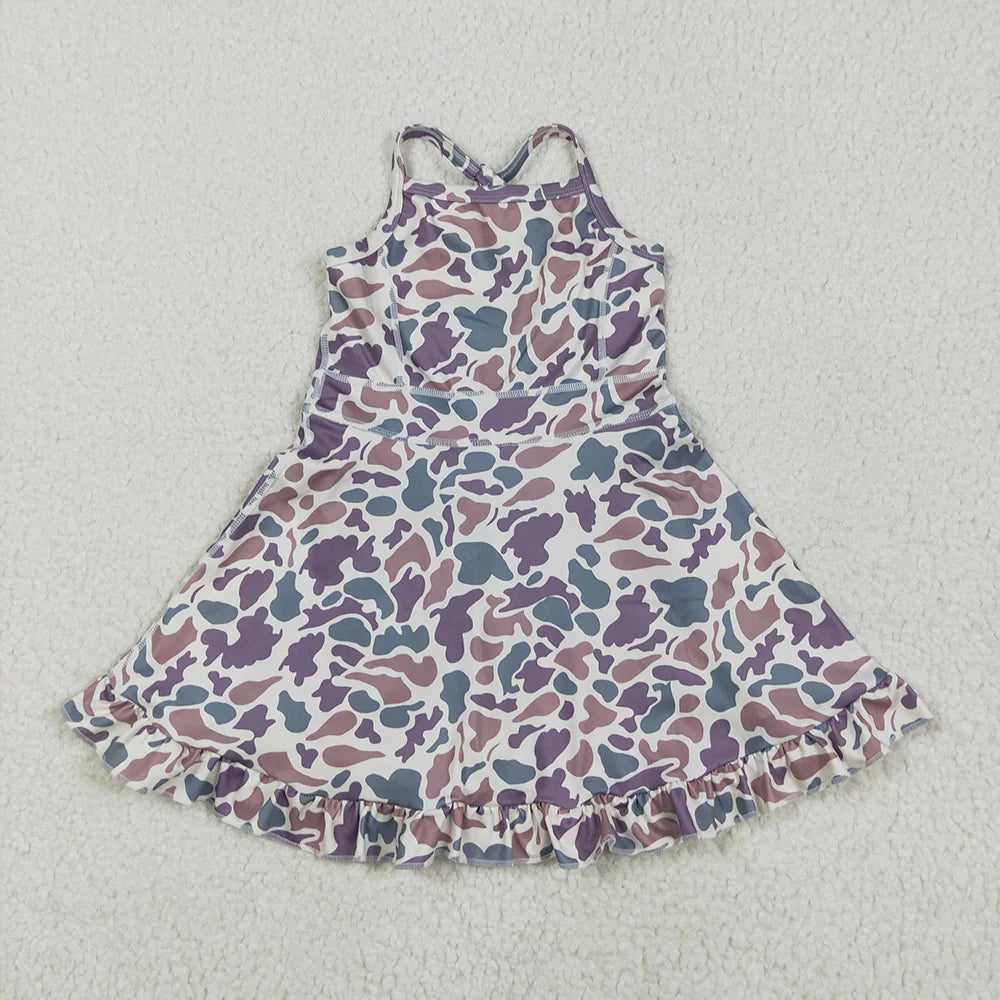 Baby Girls Strap Purple Green Camo Yoga Ruffle Knee Length Dresses