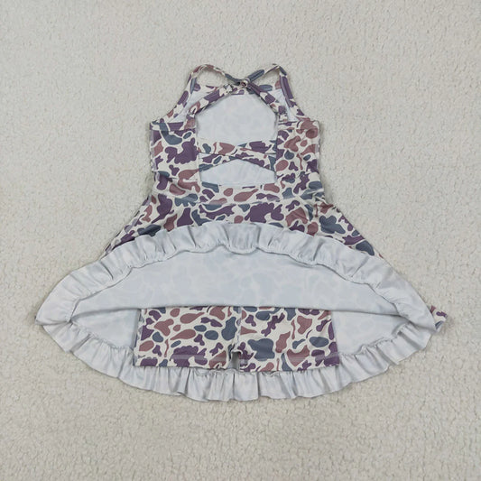 Baby Girls Strap Purple Green Camo Yoga Ruffle Knee Length Dresses