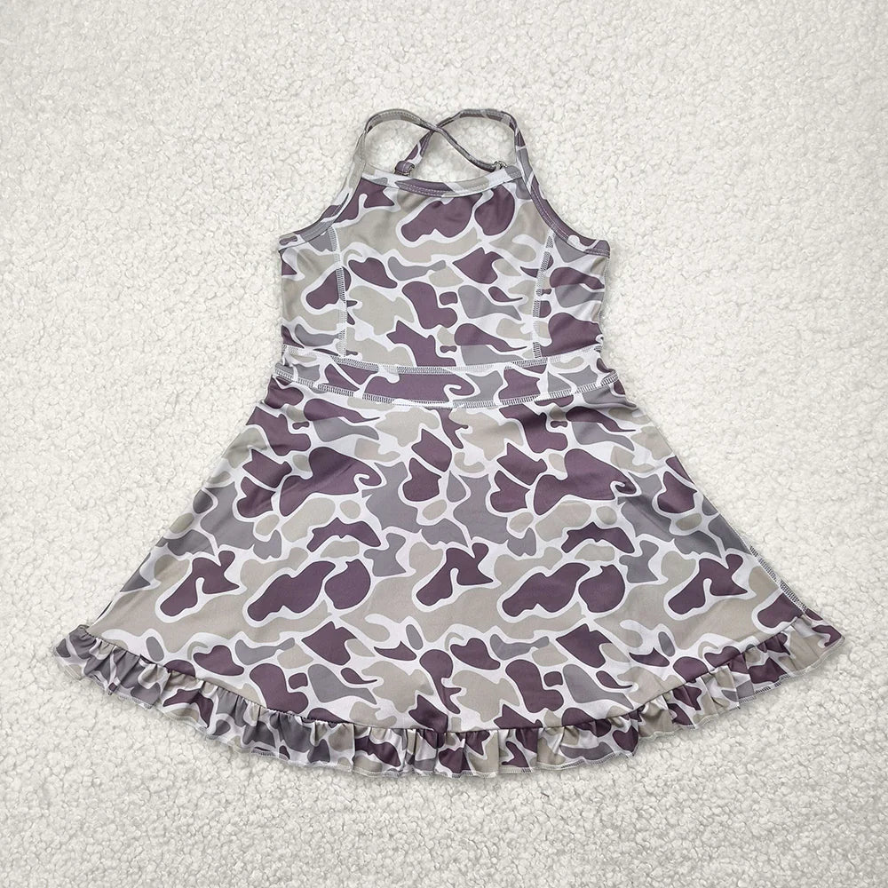 Baby Girls Strap Dark Grey Camo Yoga Ruffle Knee Length Dresses