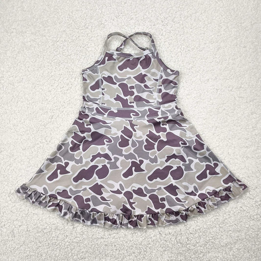 Baby Girls Strap Dark Grey Camo Yoga Ruffle Knee Length Dresses