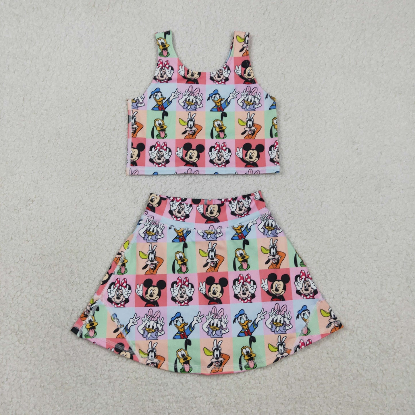 Sibling Baby Girls Cartoon Vest Top Skirt Shorts Yoga Activity Wear Clothes Sets