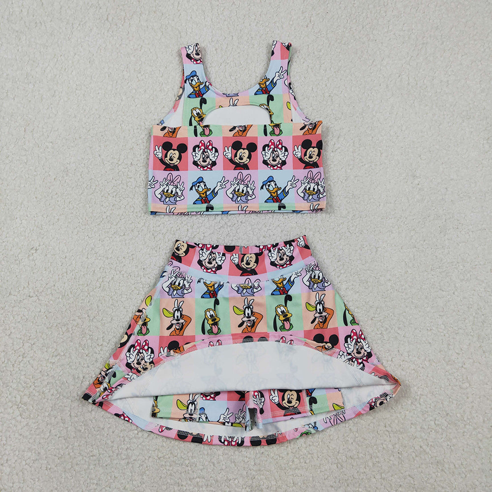 GSD2333 Cartoon Mouse Plaid Tank Top Skirts Shorts Girls Summer Yoga Clothes Set