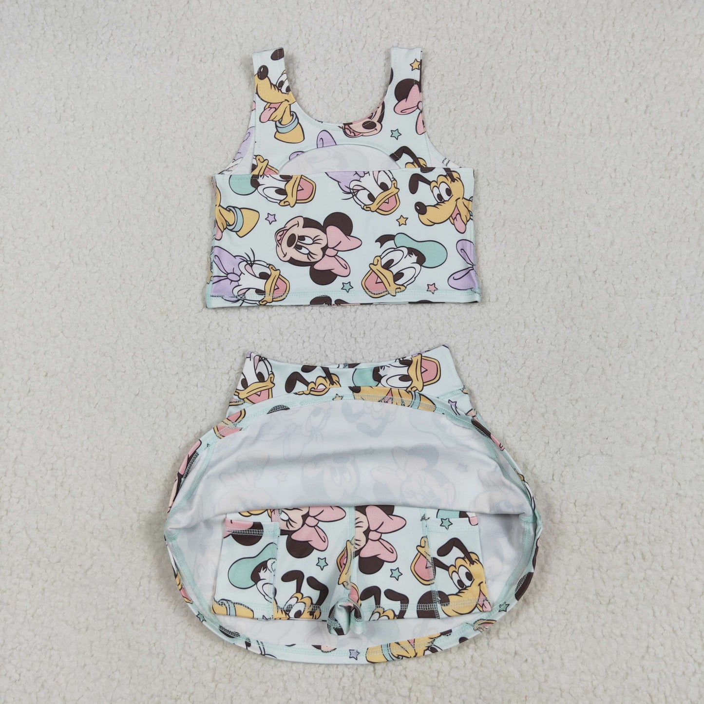 Sibling Baby Girls Cartoon Vest Top Skirt Shorts Yoga Activity Wear Clothes Sets