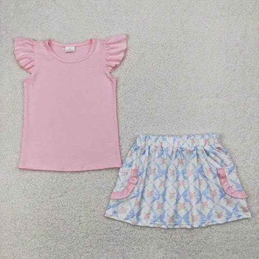 Baby Girls Pink Flutter Sleeves Top Floral Bows Pockets Skirts Sets