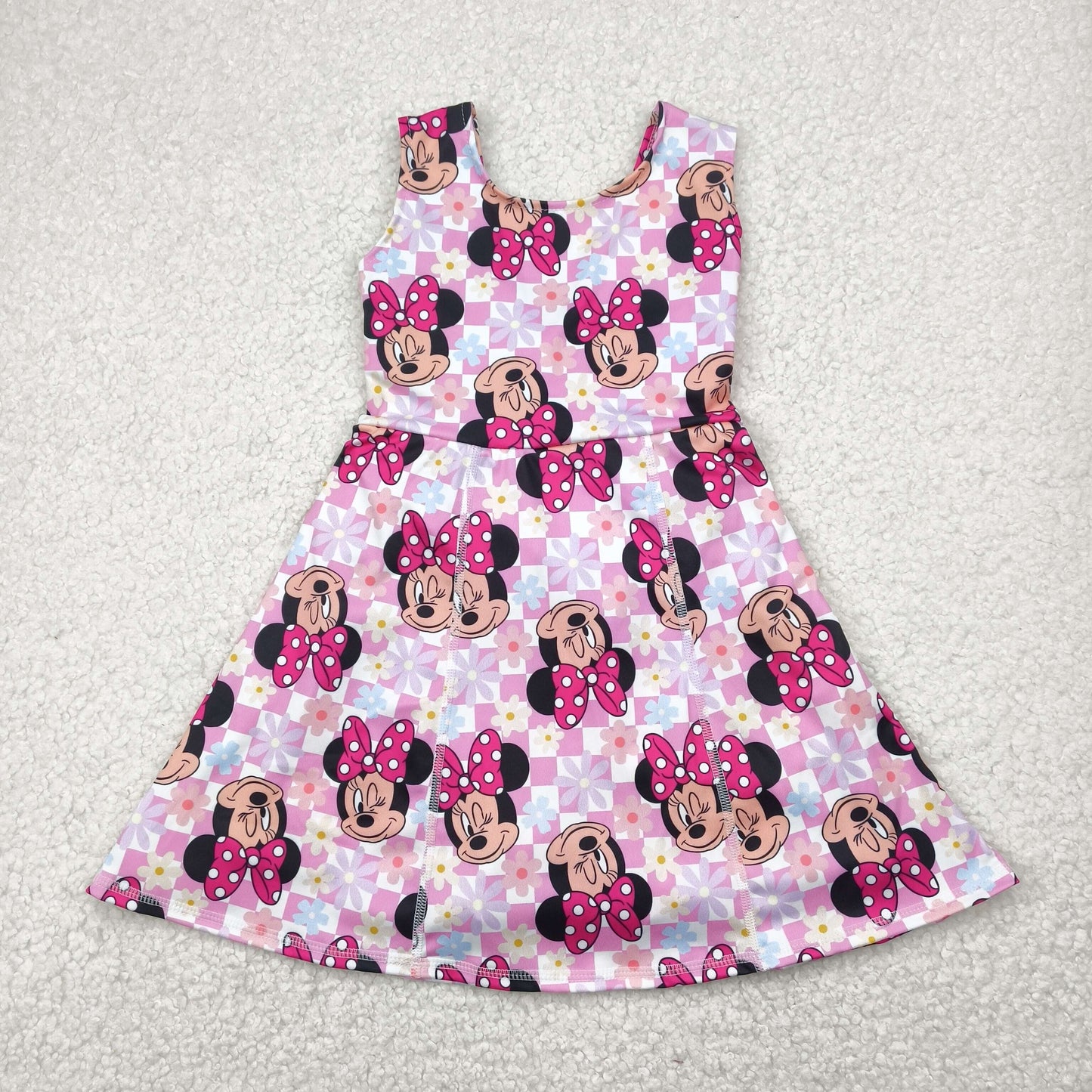 GSD2461 Cartoon Mouse Plaid Flowers Print Girls Sleeveless Yoga Dress