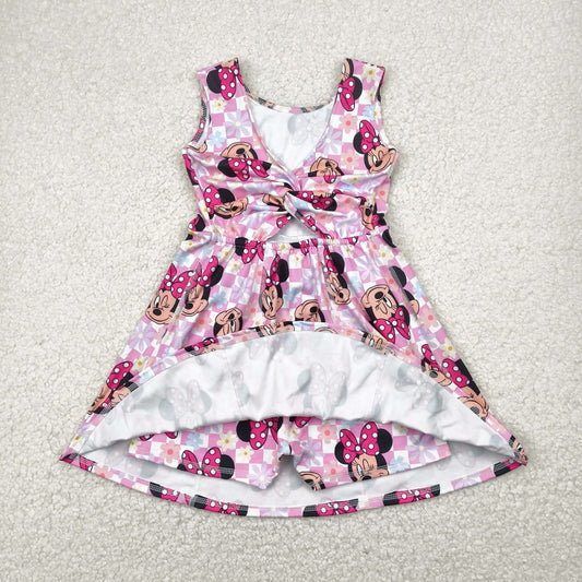GSD2461 Cartoon Mouse Plaid Flowers Print Girls Sleeveless Yoga Dress