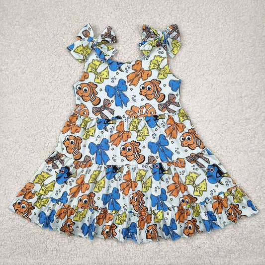 GSD2462 Cartoon Fish Print Girls Strap Knee Length Dress