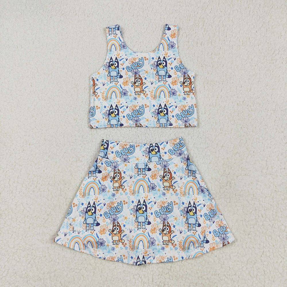 GSD2469 Cartoon Dog Tank Top Skirts Shorts Girls Summer Yoga Clothes Set