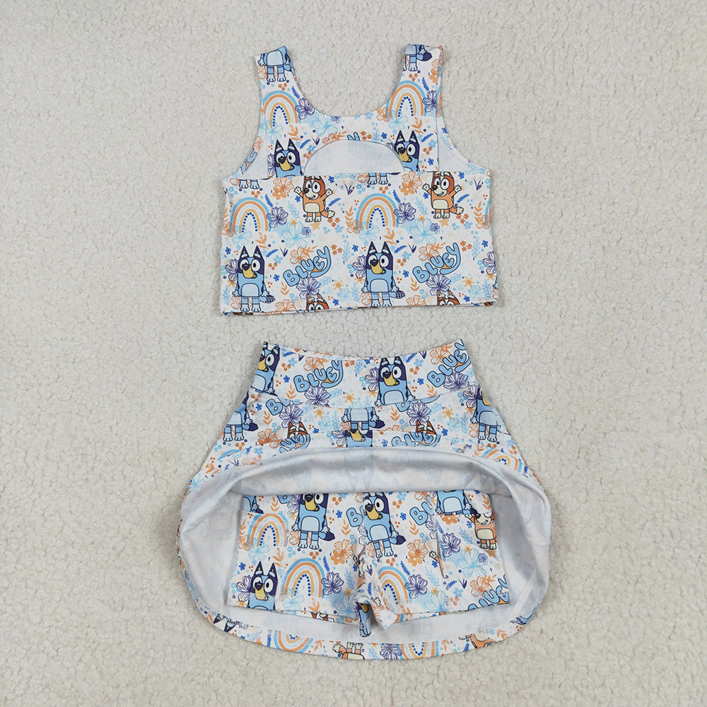 GSD2469 Cartoon Dog Tank Top Skirts Shorts Girls Summer Yoga Clothes Set