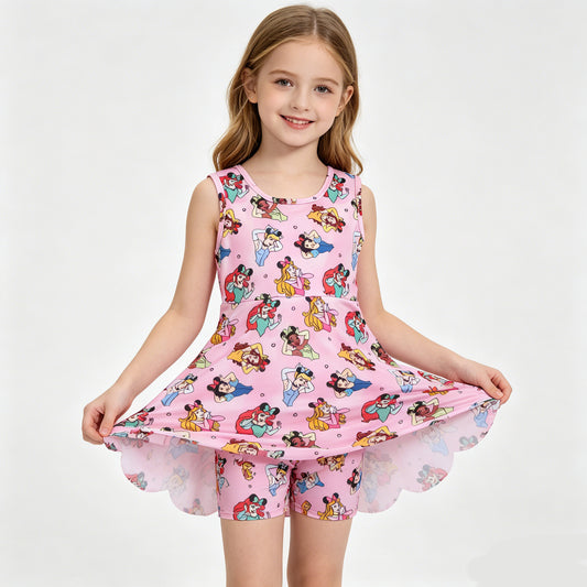 Cartoon Princess Girls Sleeveless Zipper Scallop Yoga Active Dress