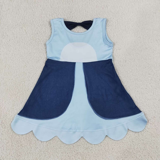 GSD2515  Cartoon Dog Blue Girls Sleeveless Scalloped Dress