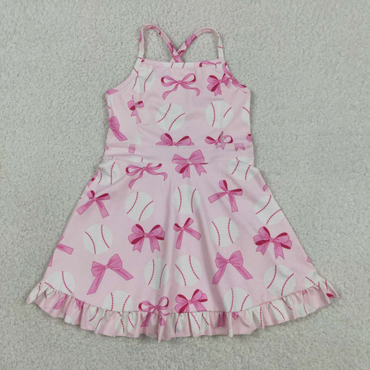 Baseball Bows Print Girls Summer Strap Shorts Ruffle Knee Length Yoga Dress