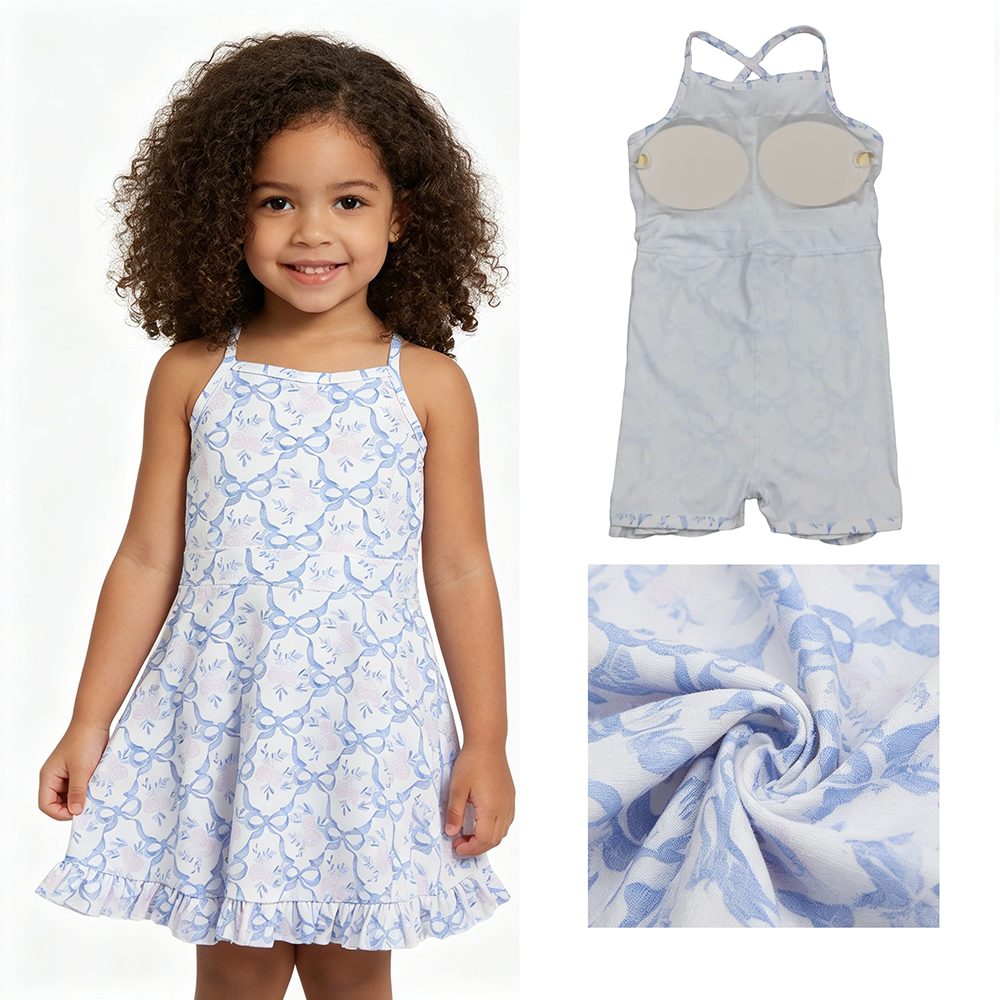 GSD2580 Flowers Bows Girls Strap Knee Length Yoga Dress