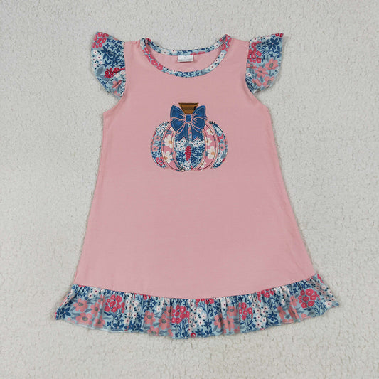 GSD2585 Pumpkin Embroidery Flowers Girls Ruffle Knee Length Dress