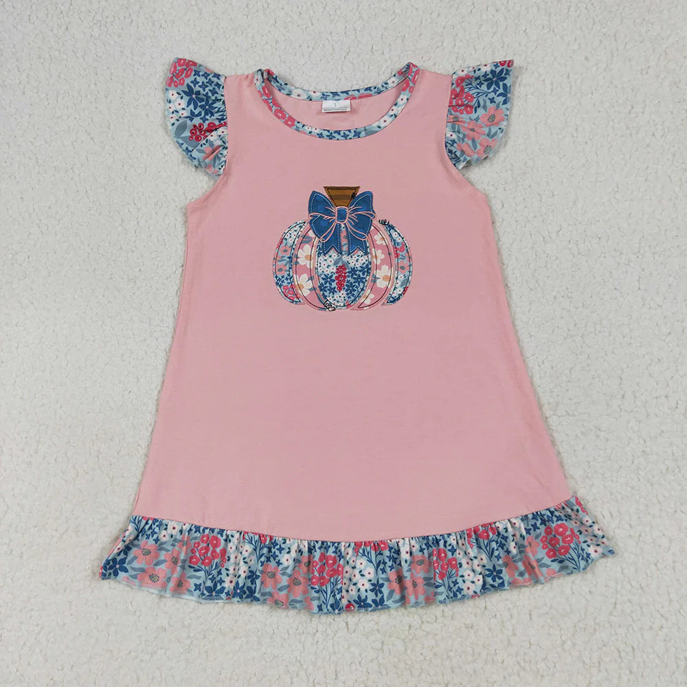 Sibling Embroidery Baby Girls Pink Floral Pumpkin Rompers Dresses Outfits