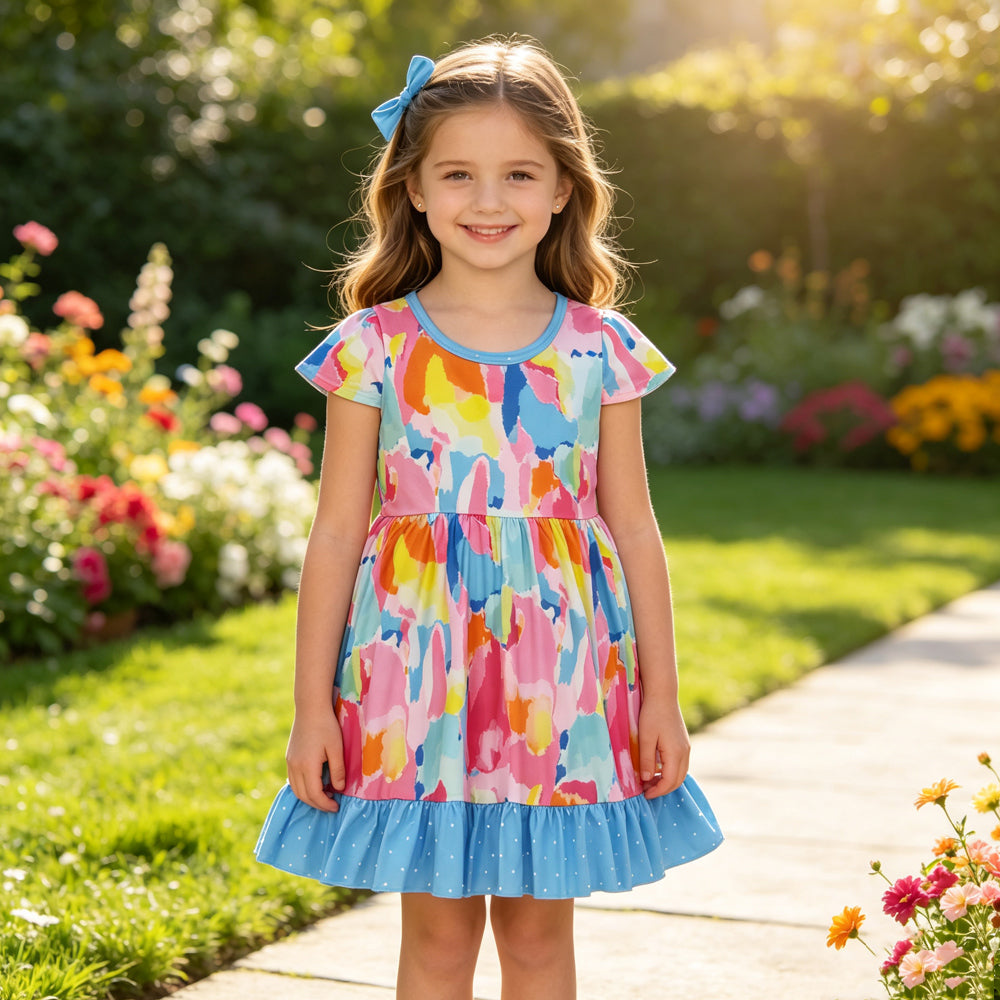 GSD2610 Tie-Dye Print Baby Girls Short Sleeve Knee Length Dresses