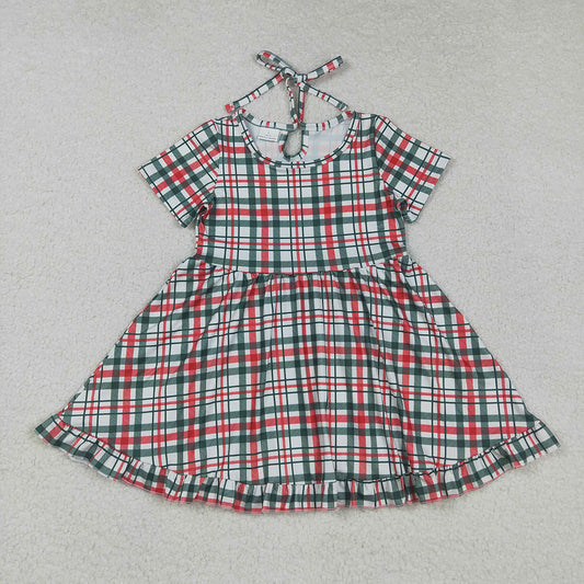 GSD2613 Red Green Checkered Print Girls Christmas Knee Length Ruffle Dress
