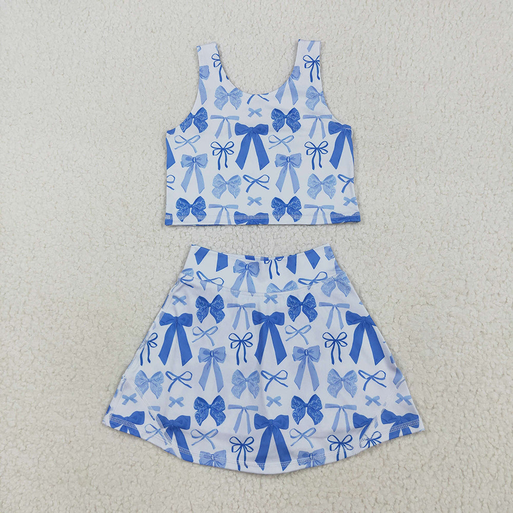GSD2640  Blue Bows Tank Top Skirts Shorts Girls Yoga Clothes Set