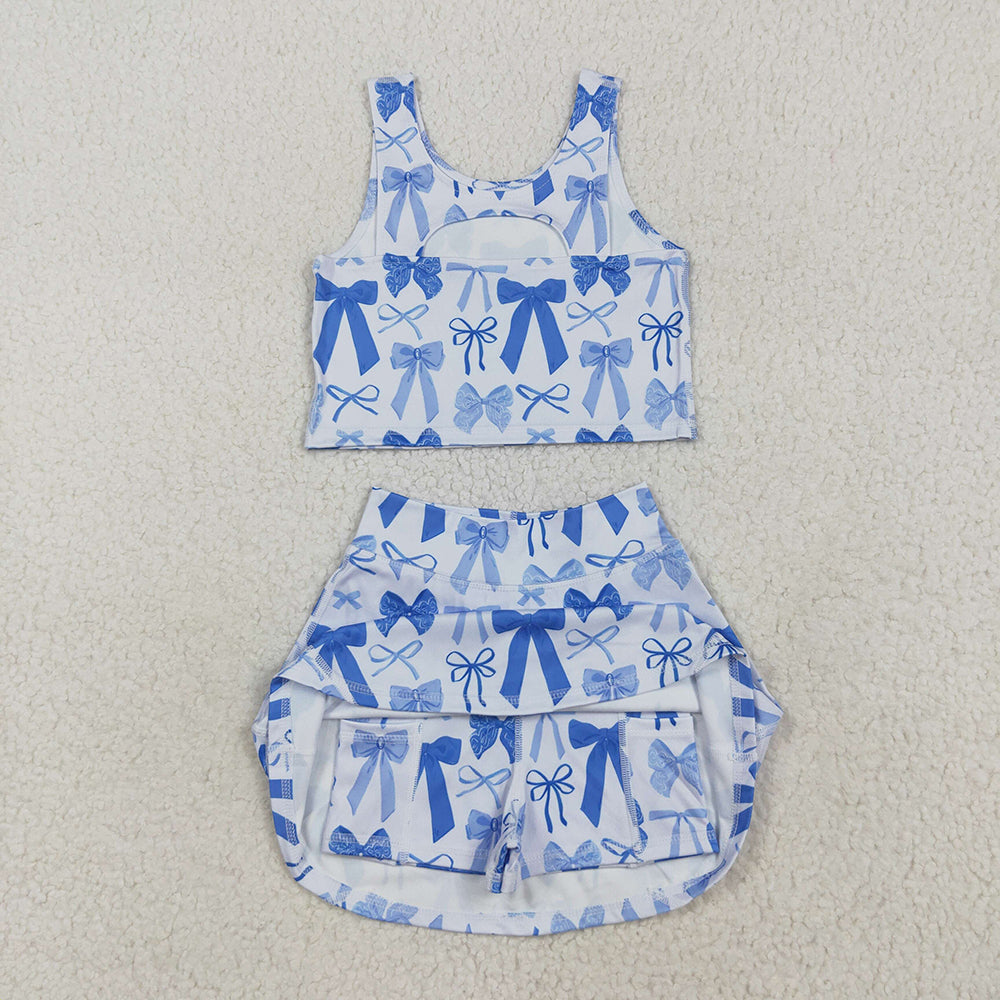 GSD2640  Blue Bows Tank Top Skirts Shorts Girls Yoga Clothes Set