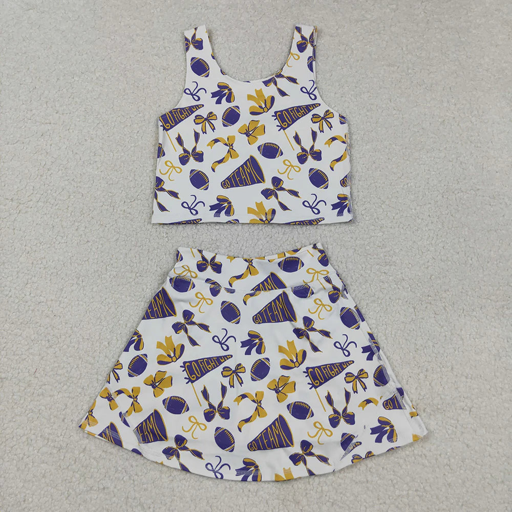 Sibling Baby Girls Team Football Cheer Bows Vest Top Short Skirts Yoga Sets