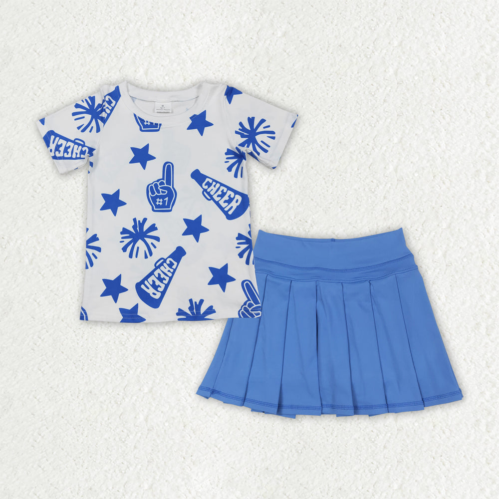 GSD2716 Teams Cheer Top Blue Skirts Shorts Girls Summer Yoga Clothes Set