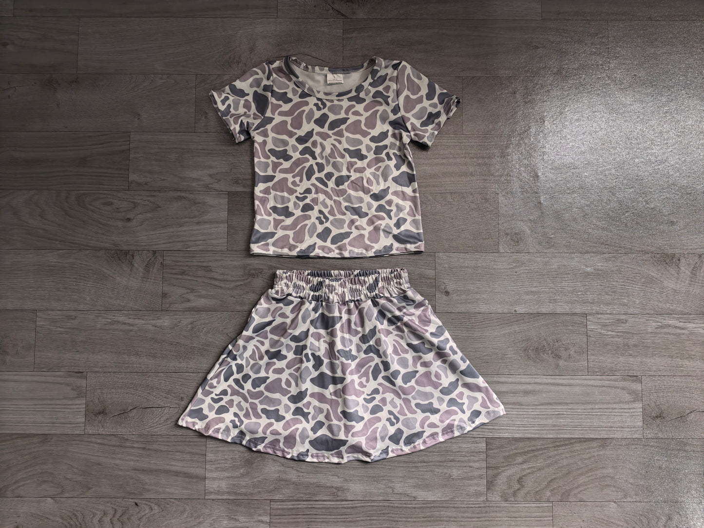 Preorder Lods Girls Light Grey Camo Short Sleeve Top with Skort Outfit