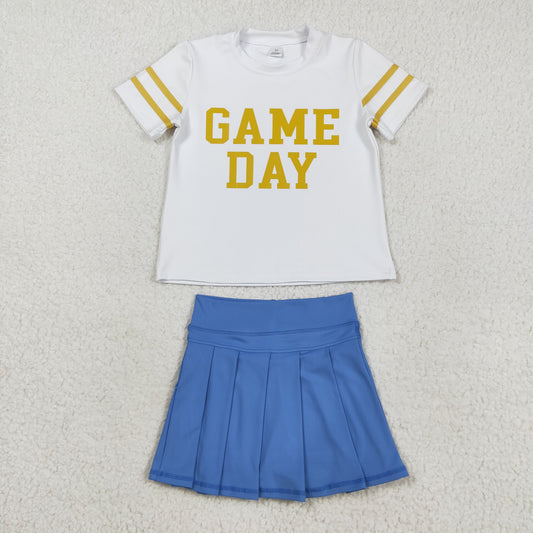 GSD2741 Vinyl Gold Game Day Top Blue Pleated Skirts Yoga Active Team Set Baby Girls Outfits