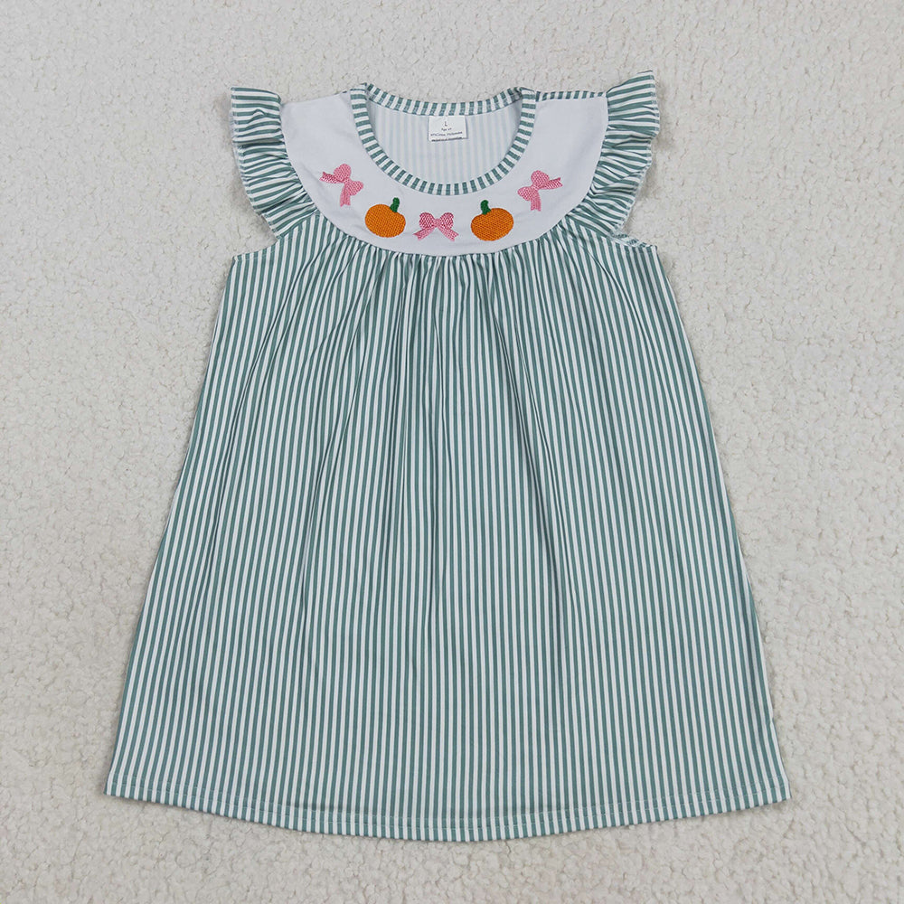 GSD2746 Pumpkin Bows Embroidery Stripes Girls RKnee Length Dress