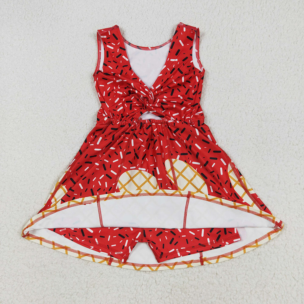 GSD2748 Red Sprinkle Print Girls Summer Shorts Knee Length Yoga Dress