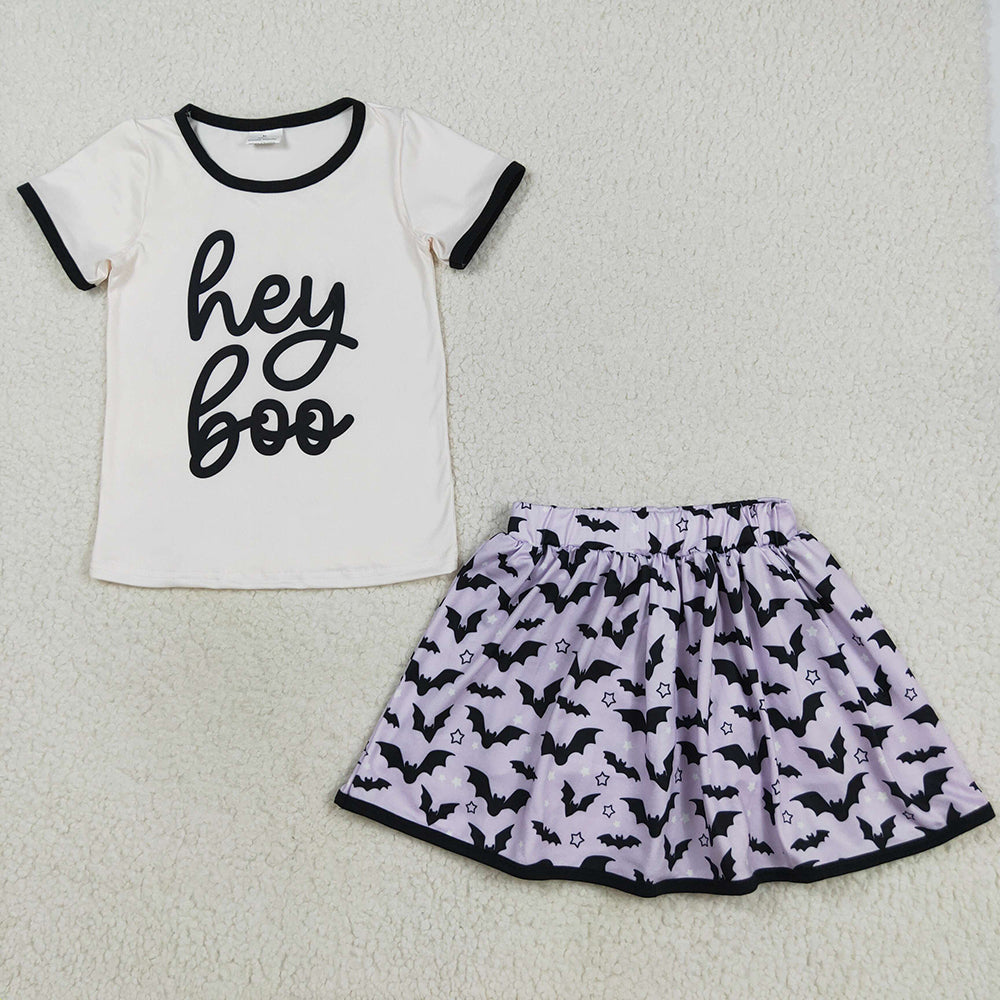 GSD2772 Hey BOO White Top Bat Purple Skort Girls Halloween Clothes Set