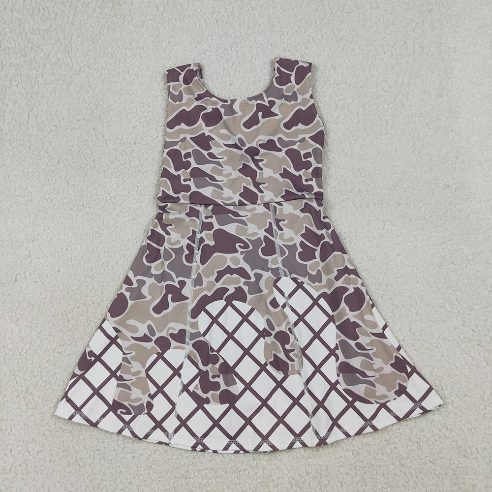 GSD2819 Girls’ Camouflage Grey Waffle Print Sleeveless Yoga Dress