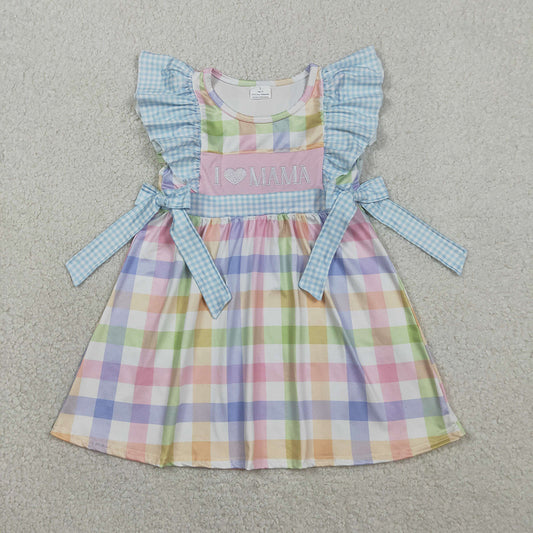 GSD2940 I LOVE MAMA Colorful Plaid Print Girls Flutter Sleeves Knee Length Dress