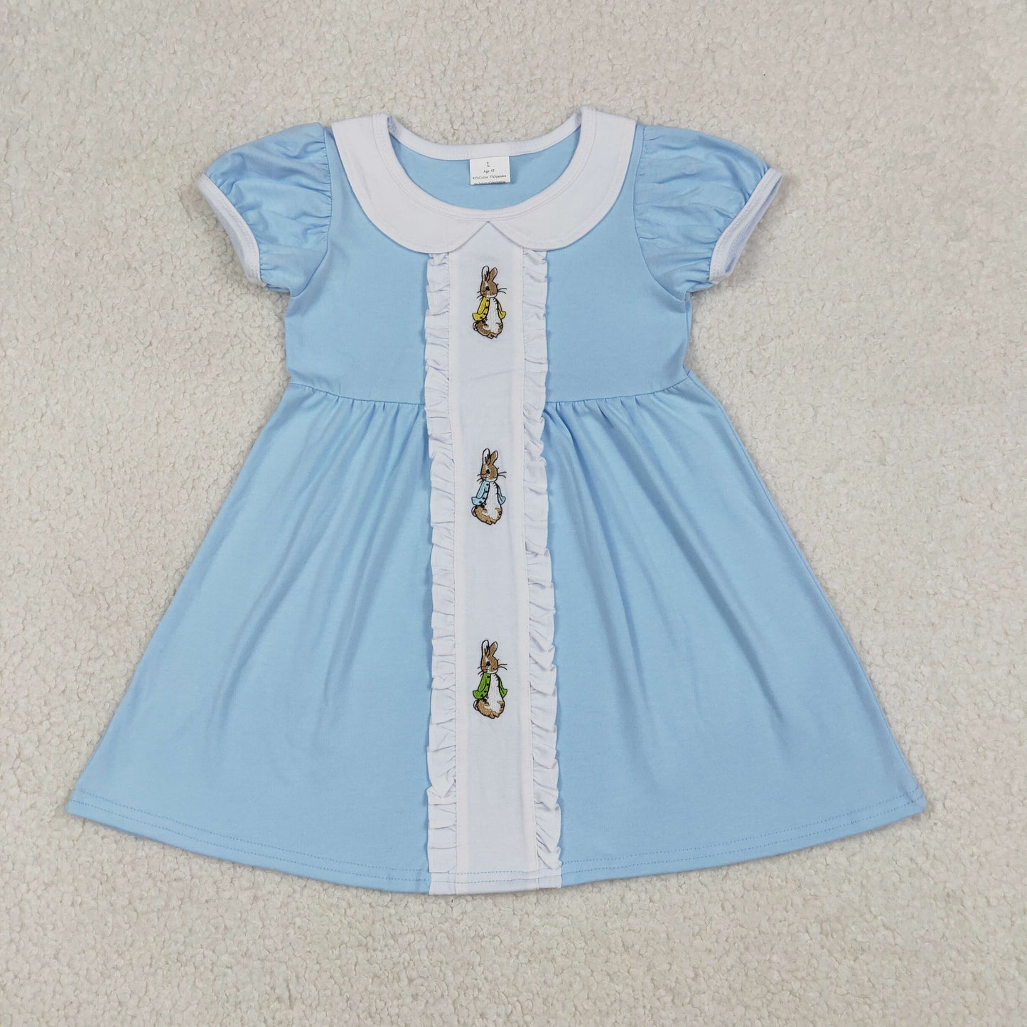Bunny Embroidery Blue Cotton Kids Easter Doll Collar Styles Sibling Matching Wear