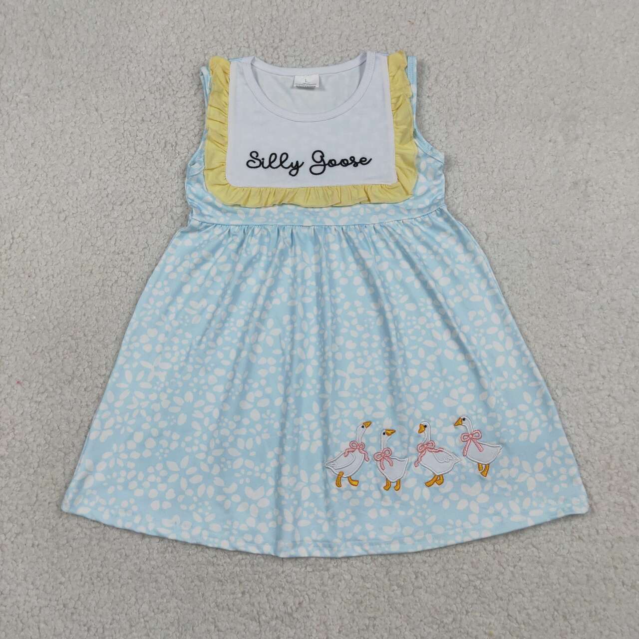 GSD2970 Sissy Goose Embroidery Blue Flowers Baby Girls Sleeveless Dress