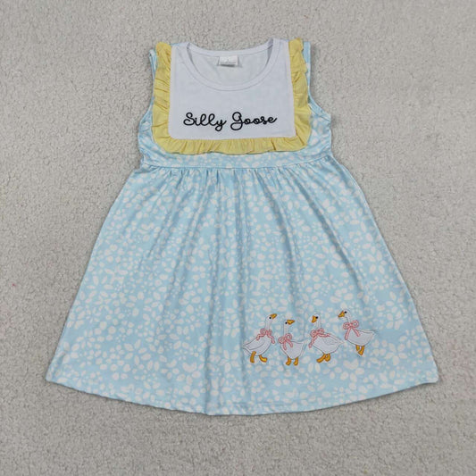 GSD2970 Sissy Goose Embroidery Blue Flowers Baby Girls Sleeveless Dress