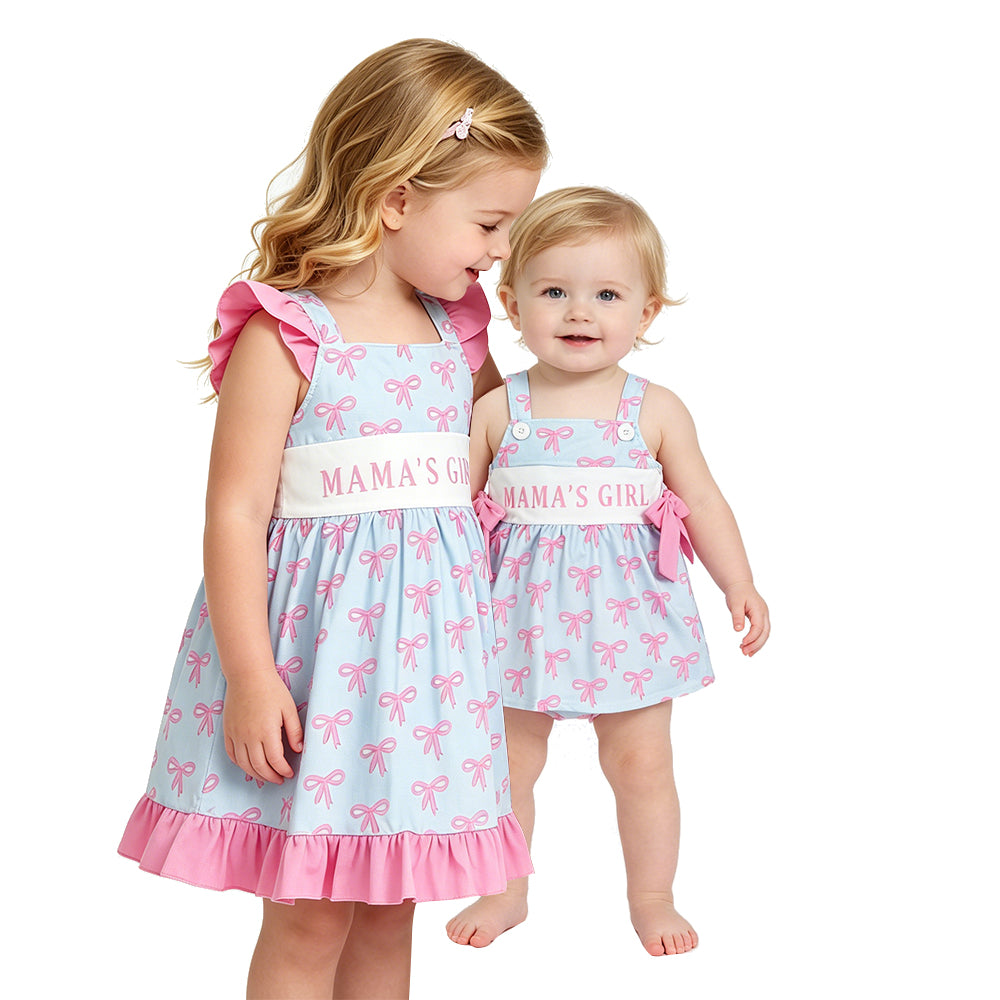 Pink Bow Print Mama's Girl Dress +Ruffle Bubble Romper For Sibling Sister