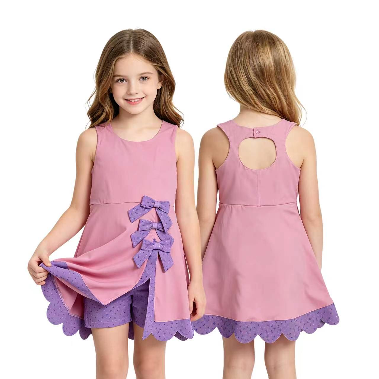 Toddler Purple Flowers Girls Pink Sleeveless Active With Purple Bow