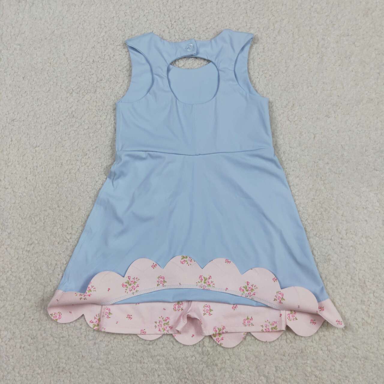 GSD3030 Pink Floral Bows Scallop Edge Baby Girls Blue Sleeveless Yoga Dress