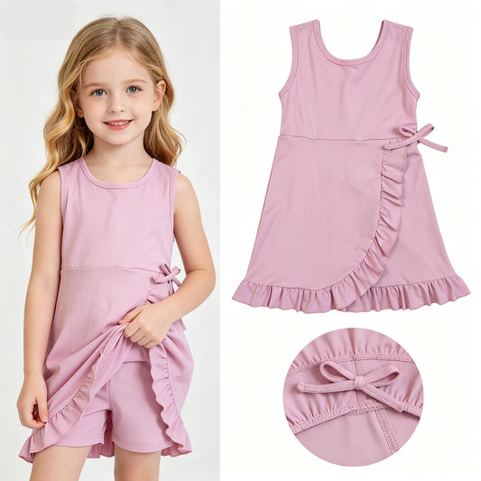 Pink Color Girls Summer Shorts Ruffle Knee Length Yoga Dress
