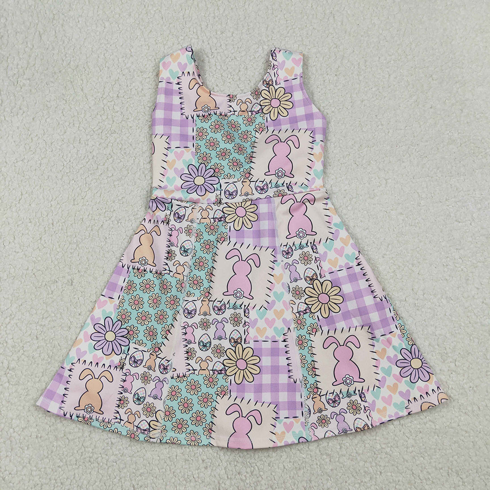 GSD3051 Bunny Flowers Print Girls Easter Shorts Knee Length Yoga Dress
