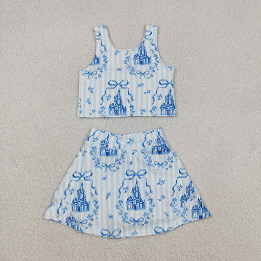 GSD3067 Castle Flowers Bows Blue Tank Top Skirts Shorts Girls Yoga Clothes Set
