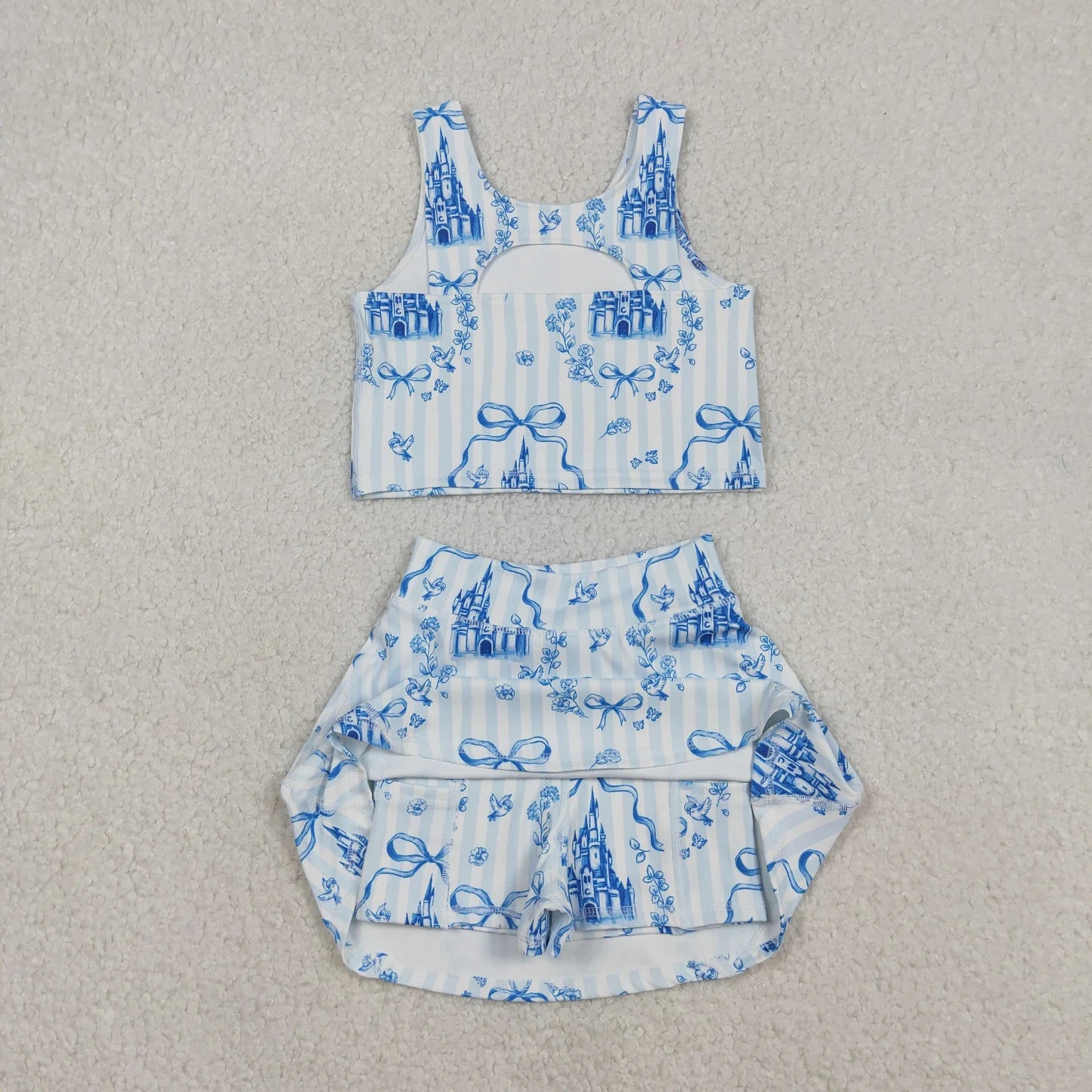 Sibling Baby Girls Sleeveless Bows Castles Vest Skirt Shorts Yoga Active Clothes Sets