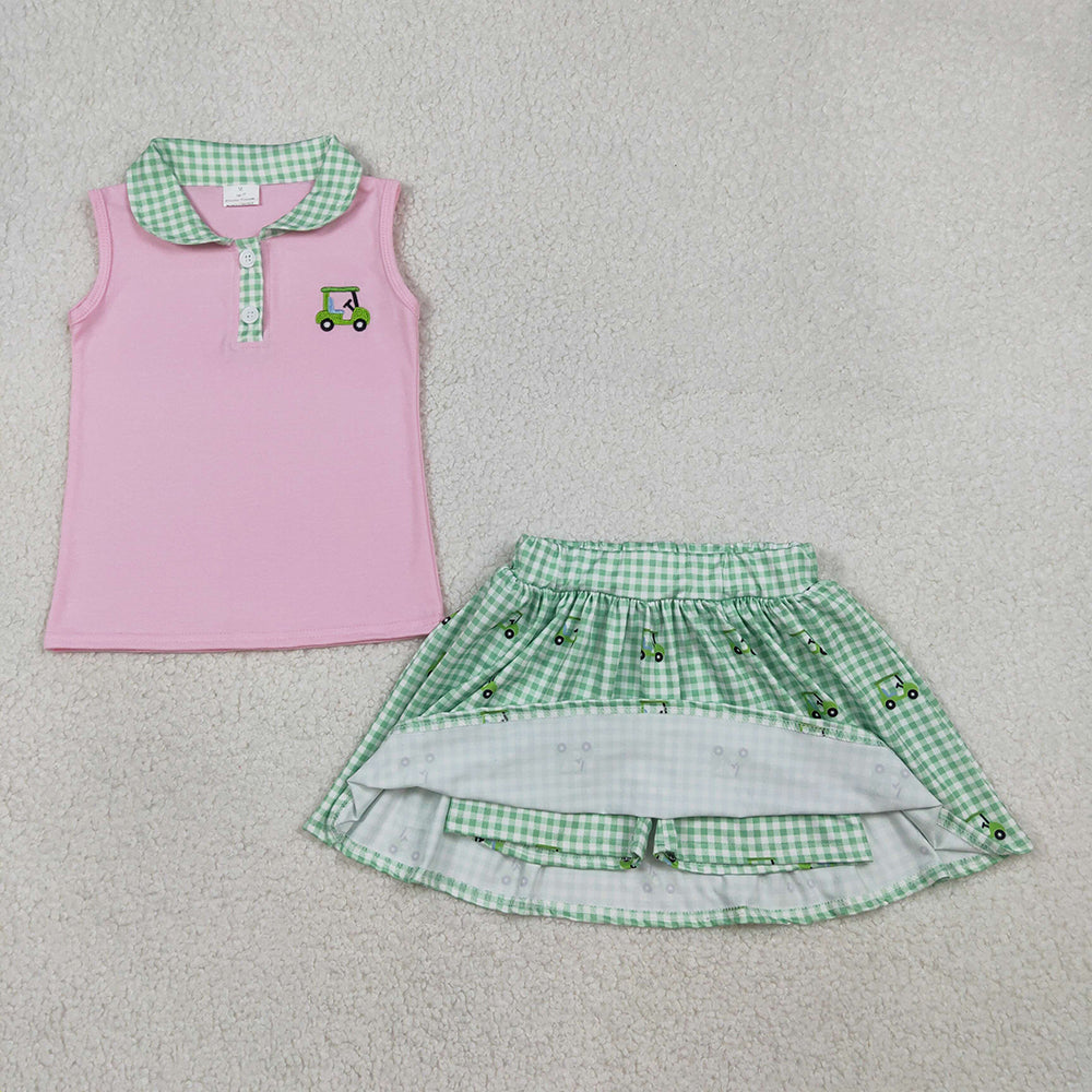 GSD3120  Golf Trucks Embroidery Pink Top Plaid Skirts Shorts Girls Summer Clothes Set