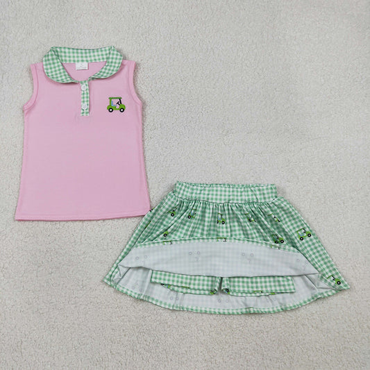 GSD3120  Golf Trucks Embroidery Pink Top Plaid Skirts Shorts Girls Summer Clothes Set