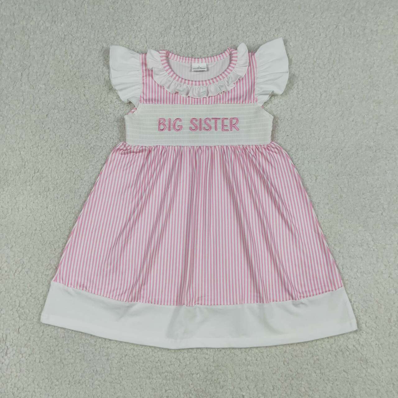 BIG & LIL SISTER Embroidery Baby Girls Pink Stripe Smocked Dress & Romper Sisters Wear