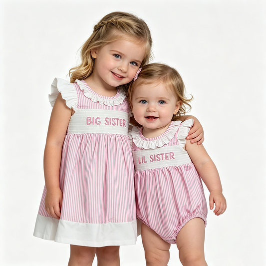BIG & LIL SISTER Embroidery Baby Girls Pink Stripe Smocked Dress & Romper Sisters Wear