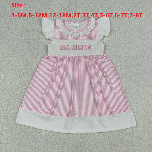 GSD3153 BIG SISTER Embroidery Pink Stripes Girls Knee Length Smocked Dress
