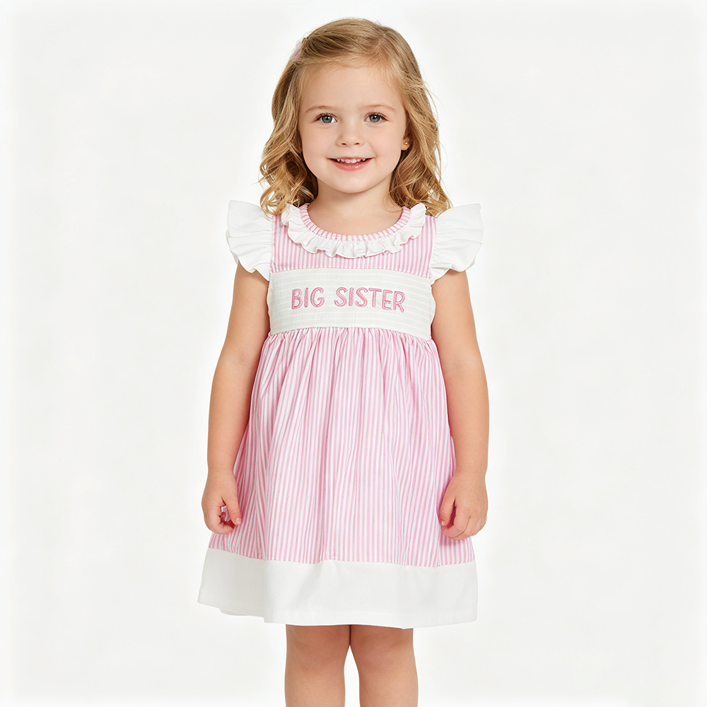BIG & LIL SISTER Embroidery Baby Girls Pink Stripe Smocked Dress & Romper Sisters Wear