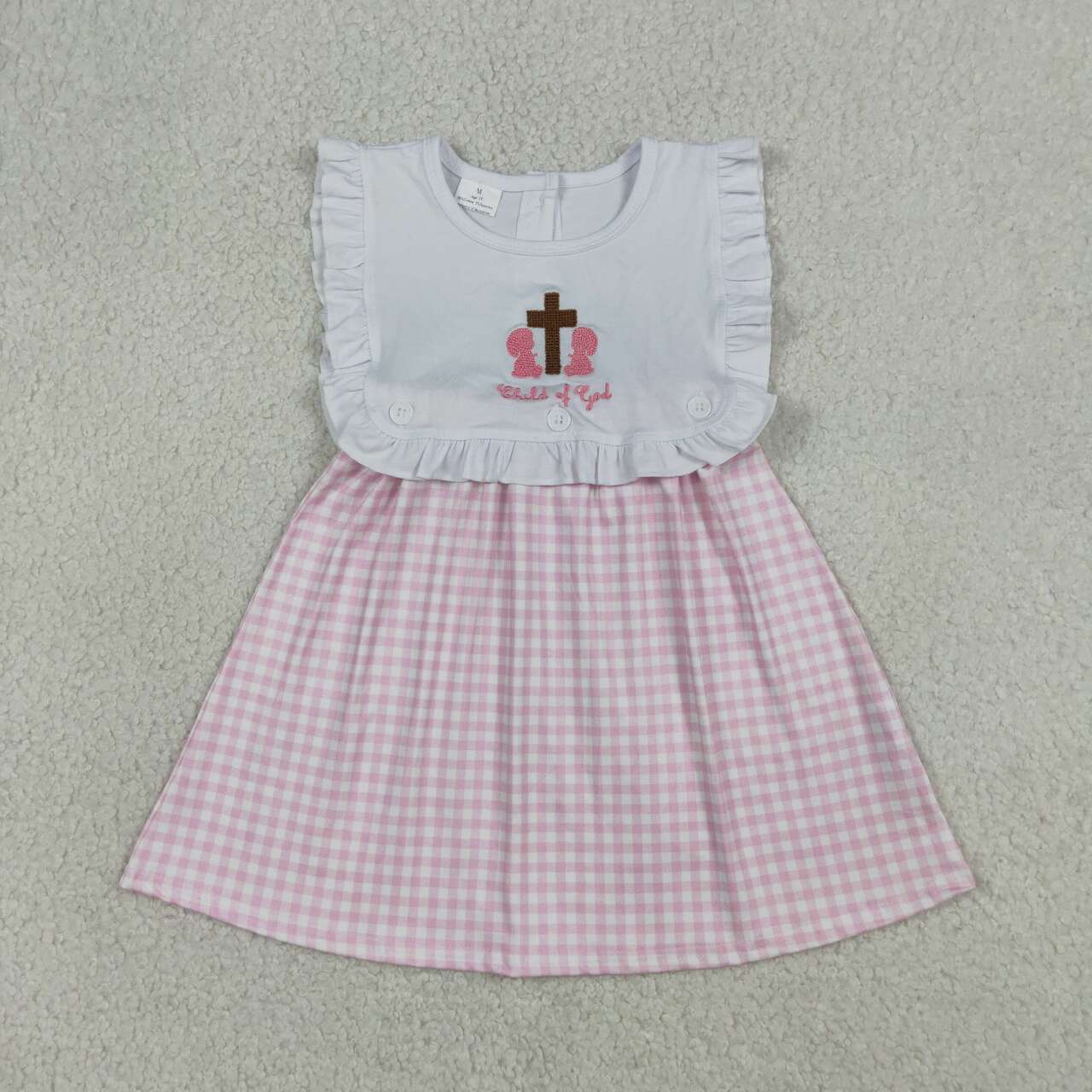 GSD3201 Girls’ “Child of God” Embroidery Pink Plaid Sleeveless Knee Length Dress