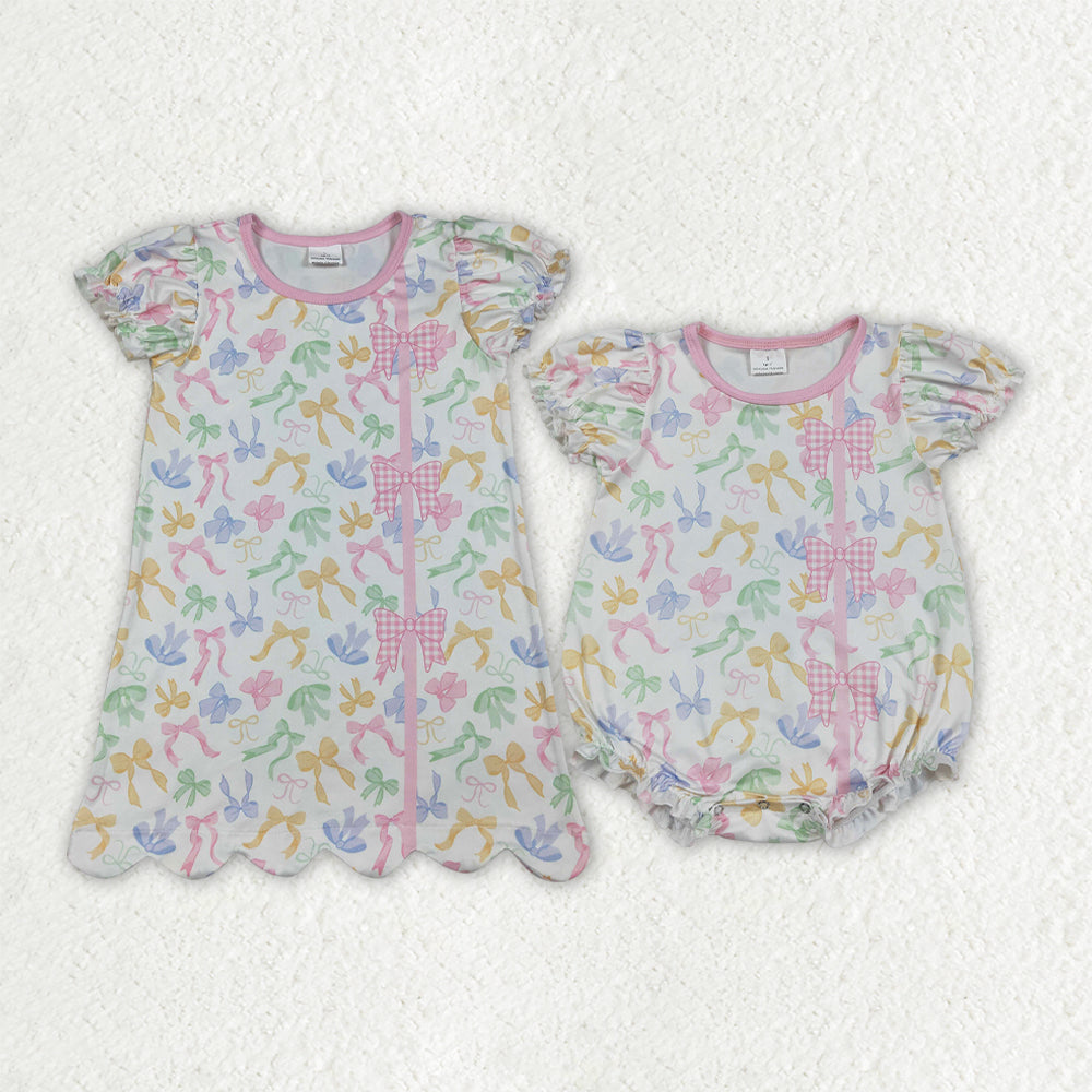 Colorful Bows Print Girls Summer Clothes Sibling Matching Wear